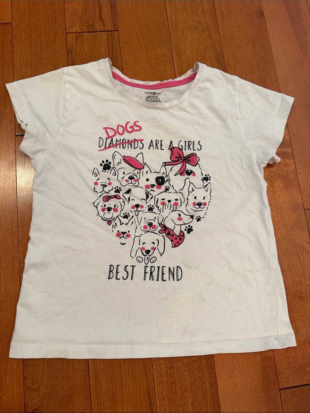 George Girls Dog Graphic T-Shirt White Pink Size 10-12